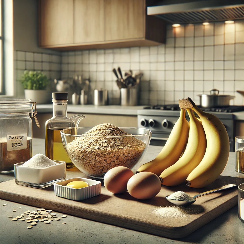 mage of a modern kitchen counter with ingredients arranged for a recipe is ready. It showcases a clean and organized layout of:

1 cup of rolled oats in a glass container
2 ripe bananas on a cutting board
2 eggs in a small ceramic bowl
A pinch of salt in a dish
1/2 tsp of baking powder in a measuring spoon