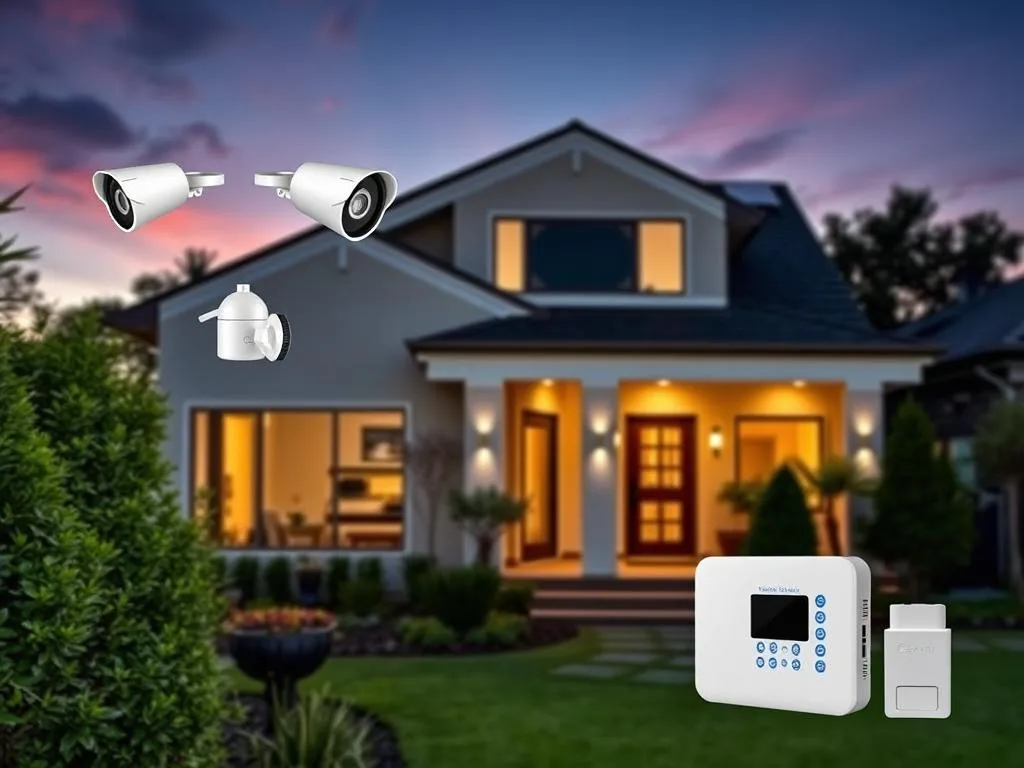 This image perfectly represents the safety and innovation highlighted in our Home Security Review. The cozy suburban home is equipped with advanced security features, including outdoor cameras, motion detectors, a smart doorbell, and a digital display panel that updates security status in real time. Surrounded by a well-lit yard and a classic picket fence, this serene evening scene captures the blend of modern technology and homey comfort. Explore our review to find the best solutions to protect your home with ease and style.