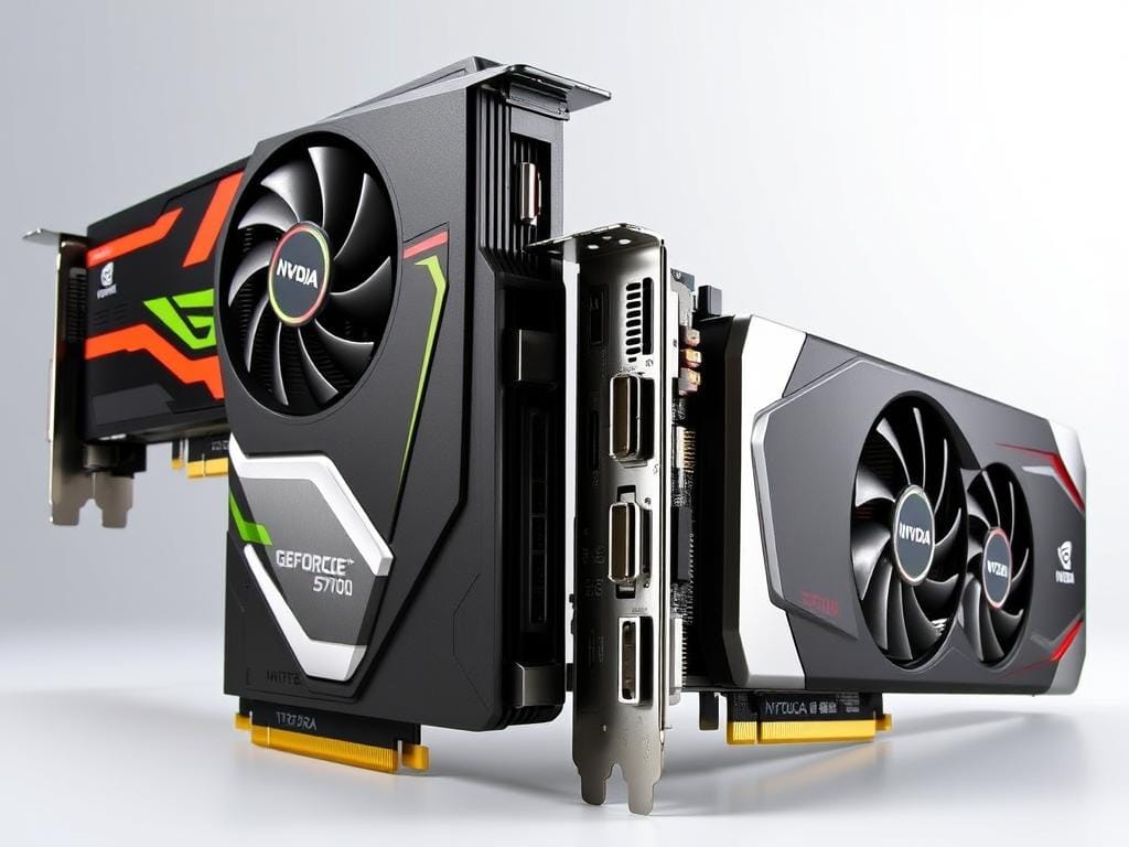 This visually striking image showcases a side-by-side comparison of the Nvidia GeForce 5700 and Nvidia GeForce 5900 graphics cards. The 5700 features a sleek silver and green design with cooling fans and connectors that emphasize efficiency, while the 5900 stands out with its angular black and silver look, highlighting its powerful heatsinks. Set against a backdrop of glowing computer circuitry and graphics, this illustration underscores the advanced performance and cutting-edge technology of these GPUs, making it an engaging visual for enthusiasts and gamers alike.