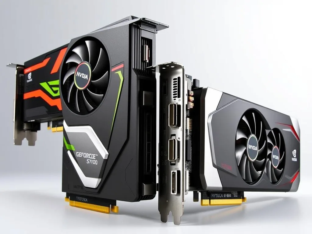 This visually striking image showcases a side-by-side comparison of the Nvidia GeForce 5700 and Nvidia GeForce 5900 graphics cards. The 5700 features a sleek silver and green design with cooling fans and connectors that emphasize efficiency, while the 5900 stands out with its angular black and silver look, highlighting its powerful heatsinks. Set against a backdrop of glowing computer circuitry and graphics, this illustration underscores the advanced performance and cutting-edge technology of these GPUs, making it an engaging visual for enthusiasts and gamers alike.