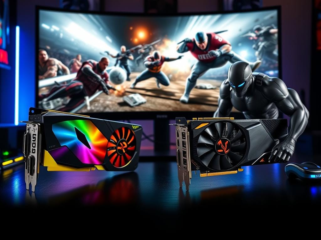 This visually striking image showcases a side-by-side comparison of the Nvidia GeForce 5700 and Nvidia GeForce 5900 graphics cards. The 5700 features a sleek silver and green design with cooling fans and connectors that emphasize efficiency, while the 5900 stands out with its angular black and silver look, highlighting its powerful heatsinks. Set against a backdrop of glowing computer circuitry and graphics, this illustration underscores the advanced performance and cutting-edge technology of these GPUs, making it an engaging visual for enthusiasts and gamers alike.