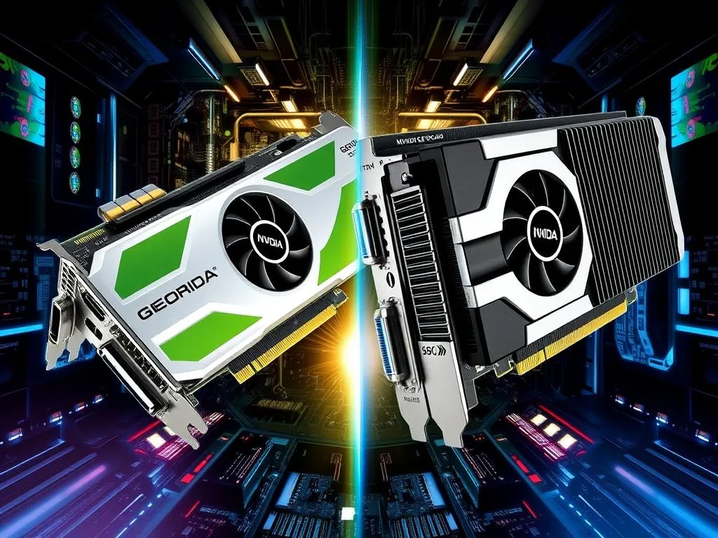 A split-screen illustration comparing the Nvidia GeForce 5700 and Nvidia GeForce 5900, featuring their distinctive designs and high-tech elements against a background of computer circuitry and glowing graphics.