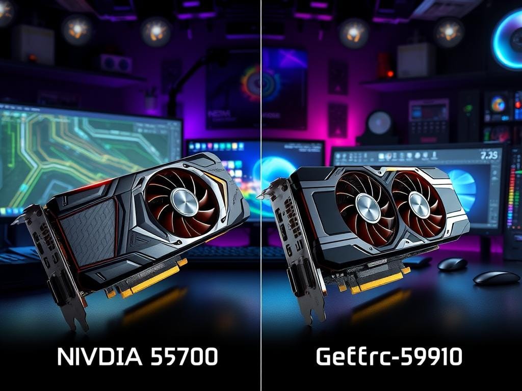 This visually striking image showcases a side-by-side comparison of the Nvidia GeForce 5700 and Nvidia GeForce 5900 graphics cards. The 5700 features a sleek silver and green design with cooling fans and connectors that emphasize efficiency, while the 5900 stands out with its angular black and silver look, highlighting its powerful heatsinks. Set against a backdrop of glowing computer circuitry and graphics, this illustration underscores the advanced performance and cutting-edge technology of these GPUs, making it an engaging visual for enthusiasts and gamers alike.