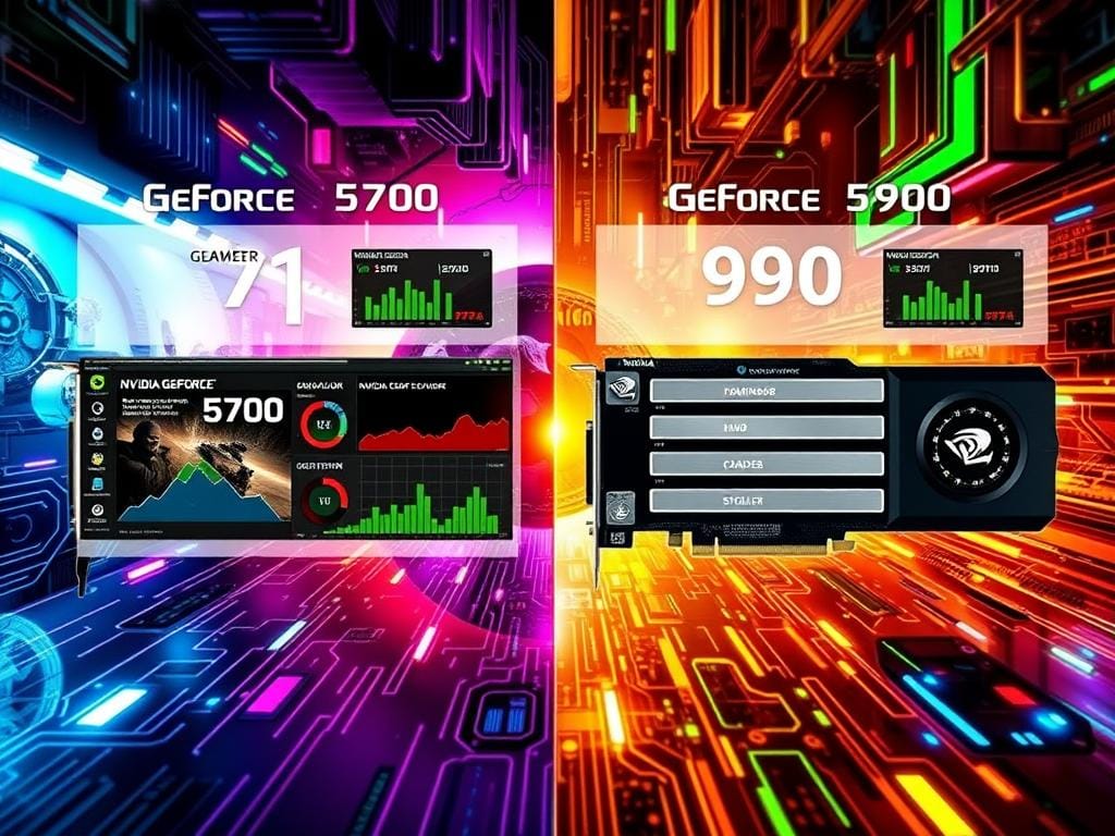This visually striking image showcases a side-by-side comparison of the Nvidia GeForce 5700 and Nvidia GeForce 5900 graphics cards. The 5700 features a sleek silver and green design with cooling fans and connectors that emphasize efficiency, while the 5900 stands out with its angular black and silver look, highlighting its powerful heatsinks. Set against a backdrop of glowing computer circuitry and graphics, this illustration underscores the advanced performance and cutting-edge technology of these GPUs, making it an engaging visual for enthusiasts and gamers alike.