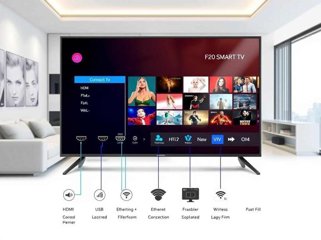 "F20 Smart TV showcasing various connectivity options: vibrant HDMI ports, USB connections, Ethernet port, and wireless symbols, set against a sleek modern living room backdrop, with a glowing screen displaying diverse multimedia content, emphasizing advanced technology and user-friendly design."