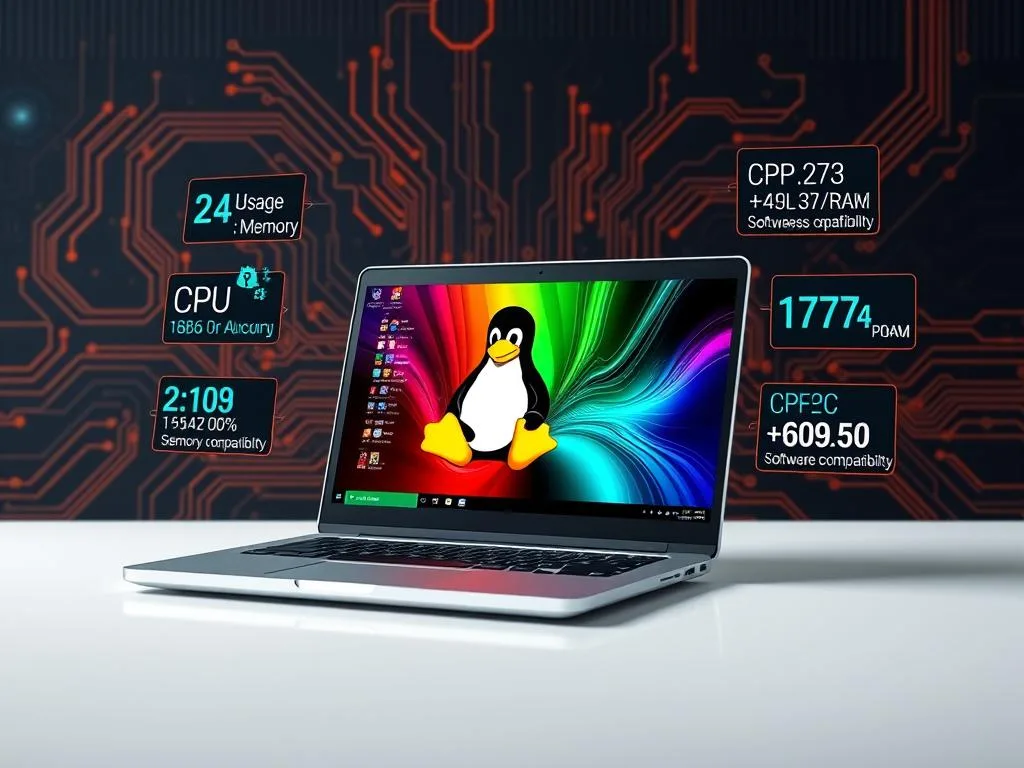 A modern laptop displaying a vibrant Linux interface with performance metrics, surrounded by tech-inspired circuit patterns, showcasing efficiency and power in computing.