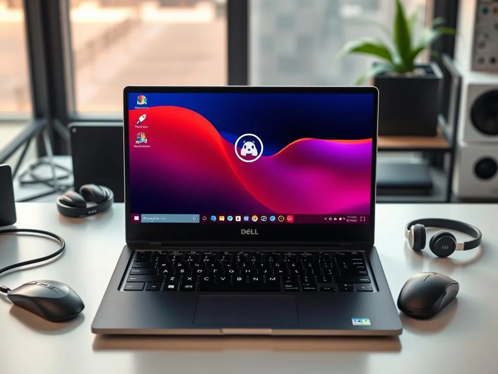 A sleek Dell XPS 13 Developer Edition laptop with a vibrant Linux desktop interface, set in a modern workspace with tech accessories and natural lighting."Caption