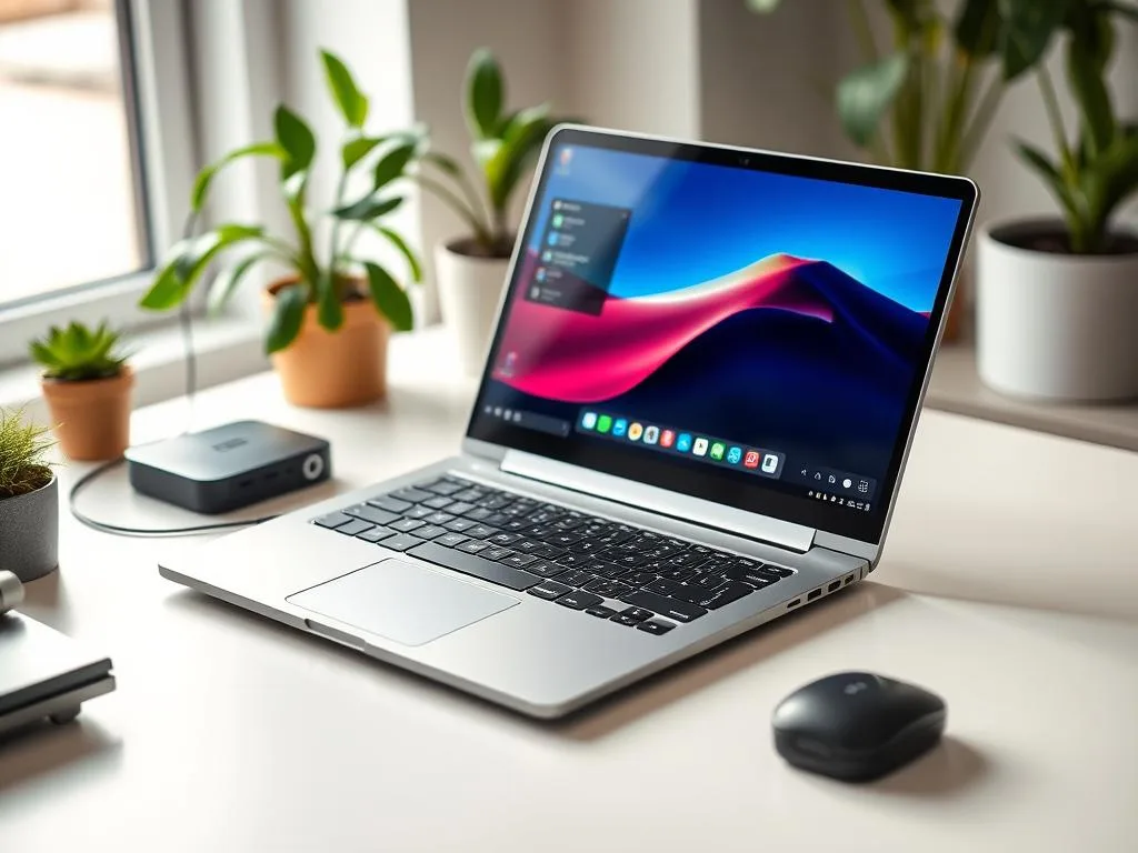 A sleek System76 Lemur Pro Linux laptop with a metallic finish on a minimalist desk, surrounded by tech gadgets and greenery, showcasing a vibrant Linux interface.