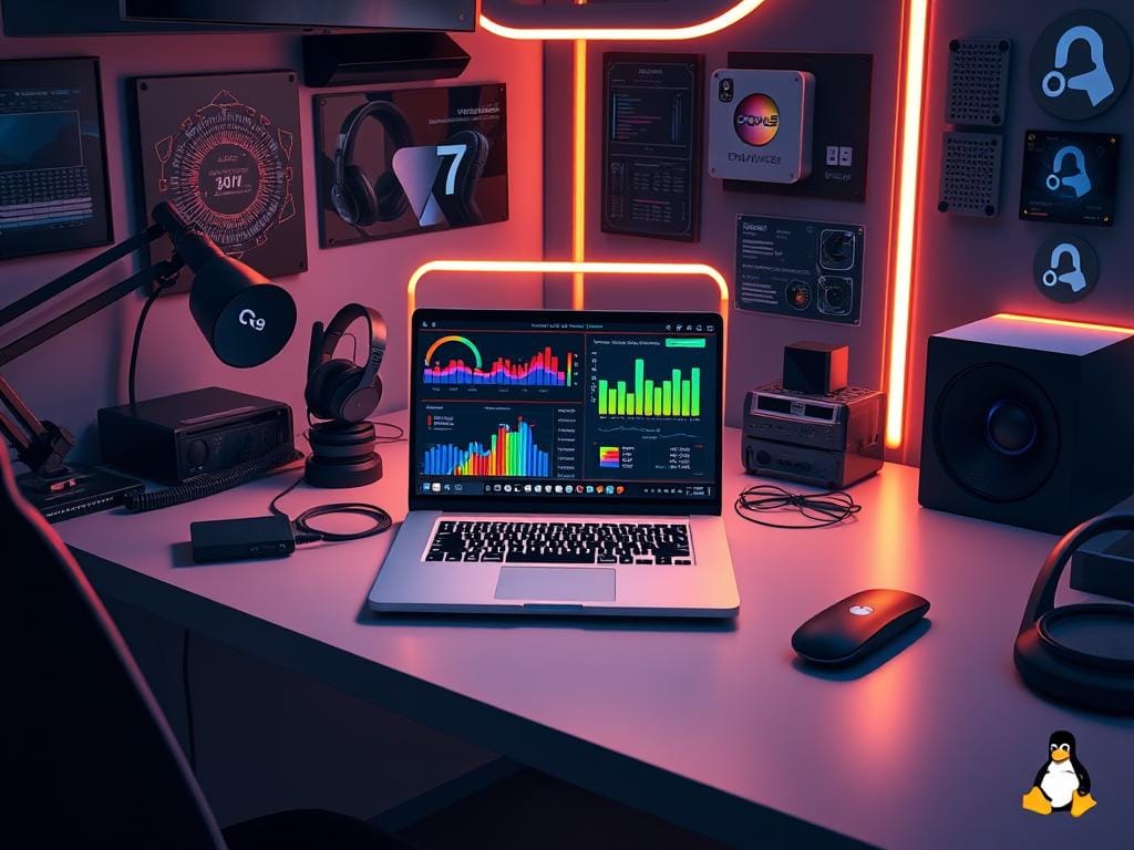 A futuristic workspace with a sleek laptop displaying colorful performance benchmarks, surrounded by tech gadgets and a minimalist setup, featuring Linux logos and ambient lighting.