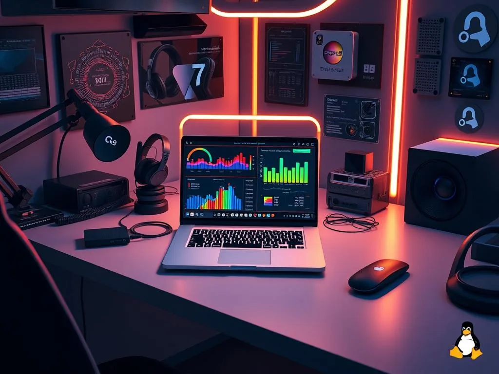 A futuristic workspace with a sleek laptop displaying colorful performance benchmarks, surrounded by tech gadgets and a minimalist setup, featuring Linux logos and ambient lighting.