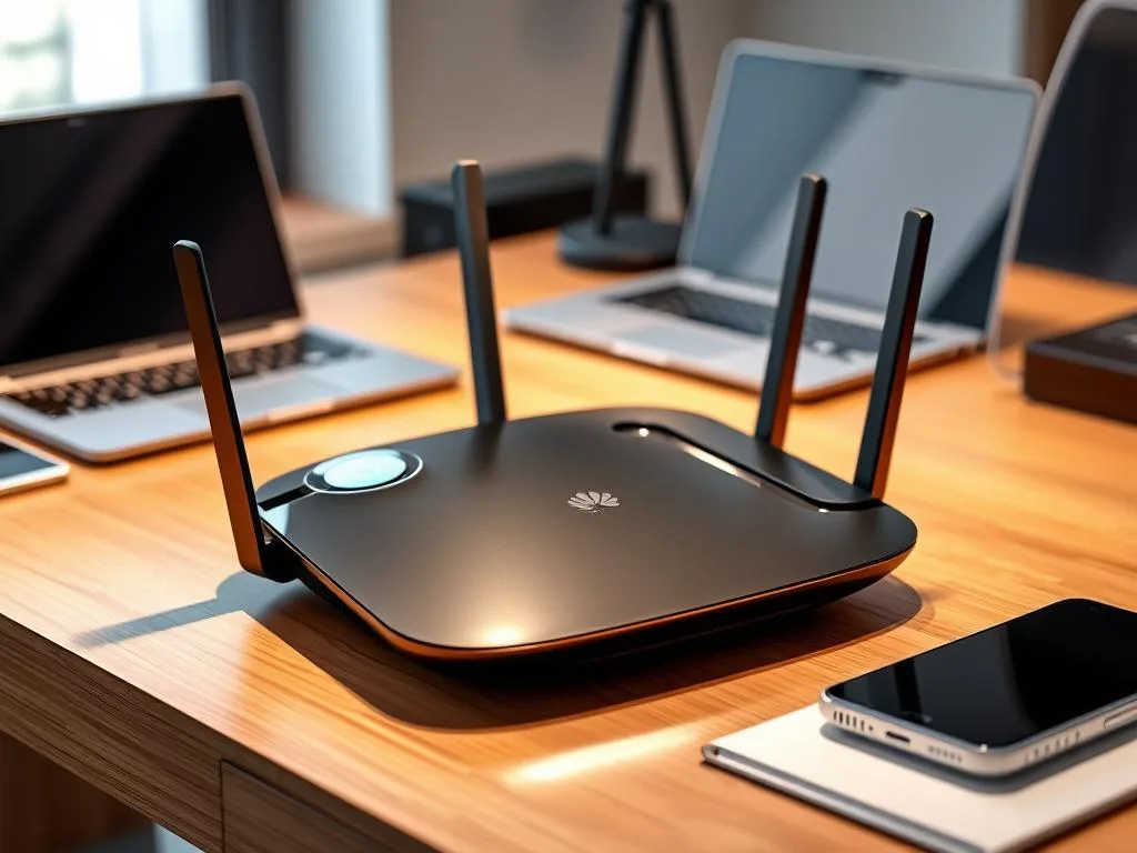 A sleek Huawei BOD-WXX9 wireless router with a modern, glossy design, placed on a stylish wooden desk, surrounded by high-tech gadgets like a laptop and smartphone in a contemporary home office with soft ambient lighting.