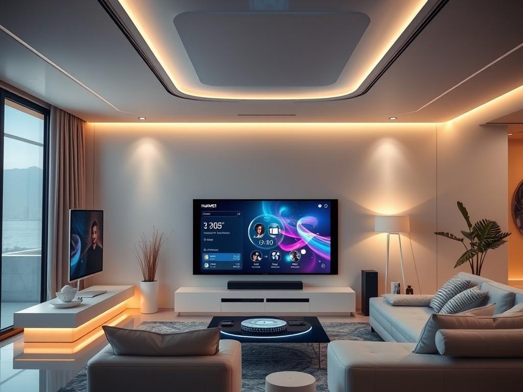 A futuristic home interior showcasing Huawei smart devices seamlessly integrated, featuring a smart screen with a connected interface, ambient lighting, and a user-friendly control panel in a sleek, modern environment.