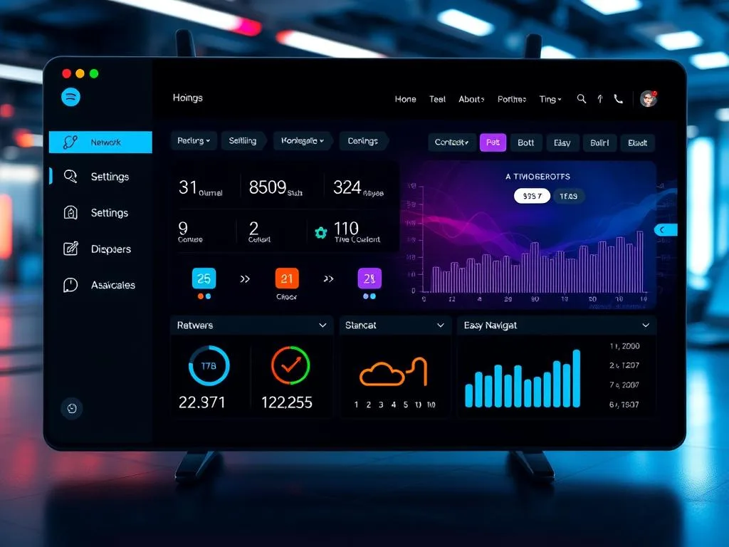 A sleek and modern user interface for a wireless router with a minimalist design, vibrant colors, intuitive icons for network settings, a dynamic dashboard displaying real-time statistics, and easy navigation elements in a high-tech environment.