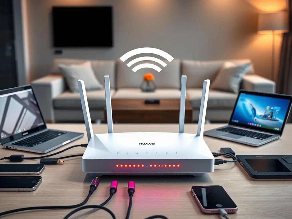 A sleek Huawei Gigabit Router with glowing LED indicators, surrounded by connected devices like laptops, smartphones, and tablets, set in a modern, minimalistic living room with cozy ambient lighting.
