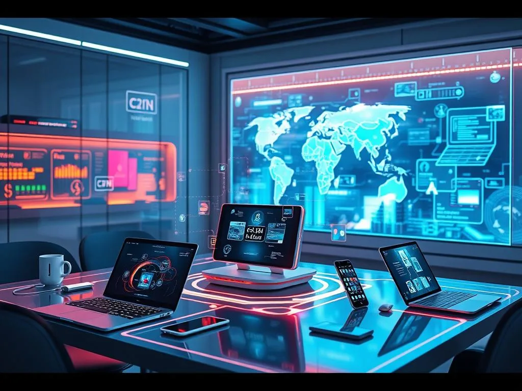 A futuristic workspace showcasing Huawei BOD-WXX9 with seamless connectivity, featuring glowing interfaces, vibrant holographic displays, and devices like laptops, smartphones, and tablets collaborating effortlessly in a high-tech environment.
