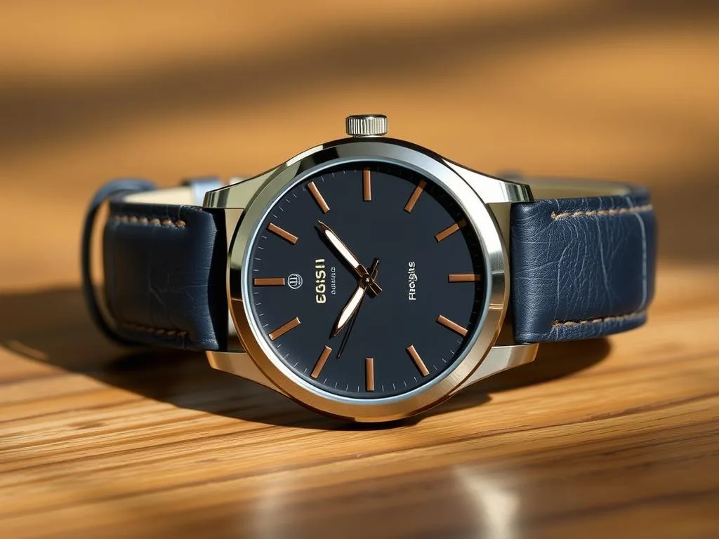 Smartwatch with classic leather and modern metal materials, round watch face, analog hands, and sleek digital display, placed on a wooden surface with soft natural lighting.