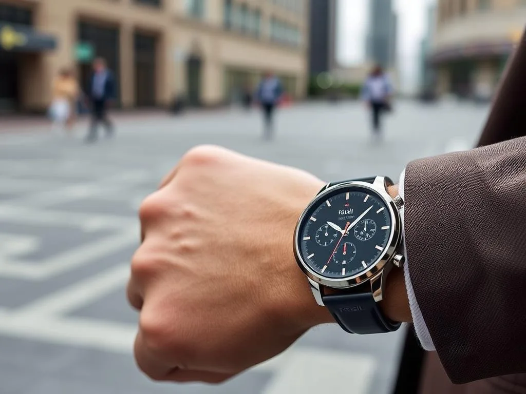 Elegant Fossil Hybrid Smartwatch with fitness tracking, heart rate monitoring, and smart notifications, blending classic analog design with modern digital elements on a stylish wrist in a contemporary urban setting.