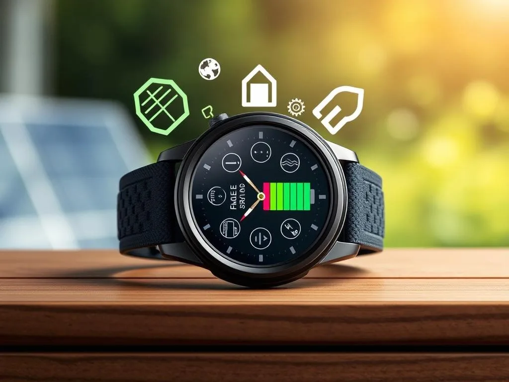 Sleek Fossil Hybrid Smartwatch on a wooden surface, featuring battery life icons, surrounded by eco-friendly symbols and solar panels, with a nature-inspired soft-focus background.
