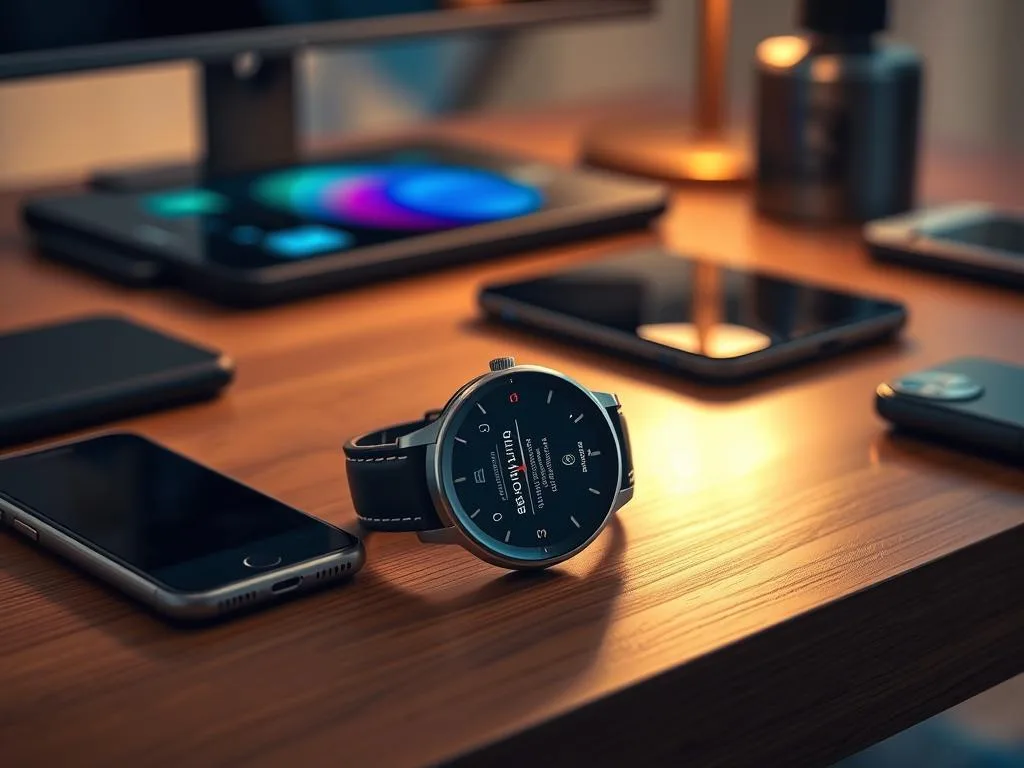 Sleek Fossil Hybrid smartwatch on a stylish wooden table, displaying vibrant smartphone notifications, surrounded by modern tech gadgets with warm ambient lighting.