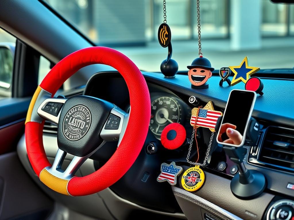Array of stylish American-made dashboard accessories, including custom steering wheel covers, decorative air fresheners, and sleek phone mounts, showcasing vibrant colors and quality craftsmanship.