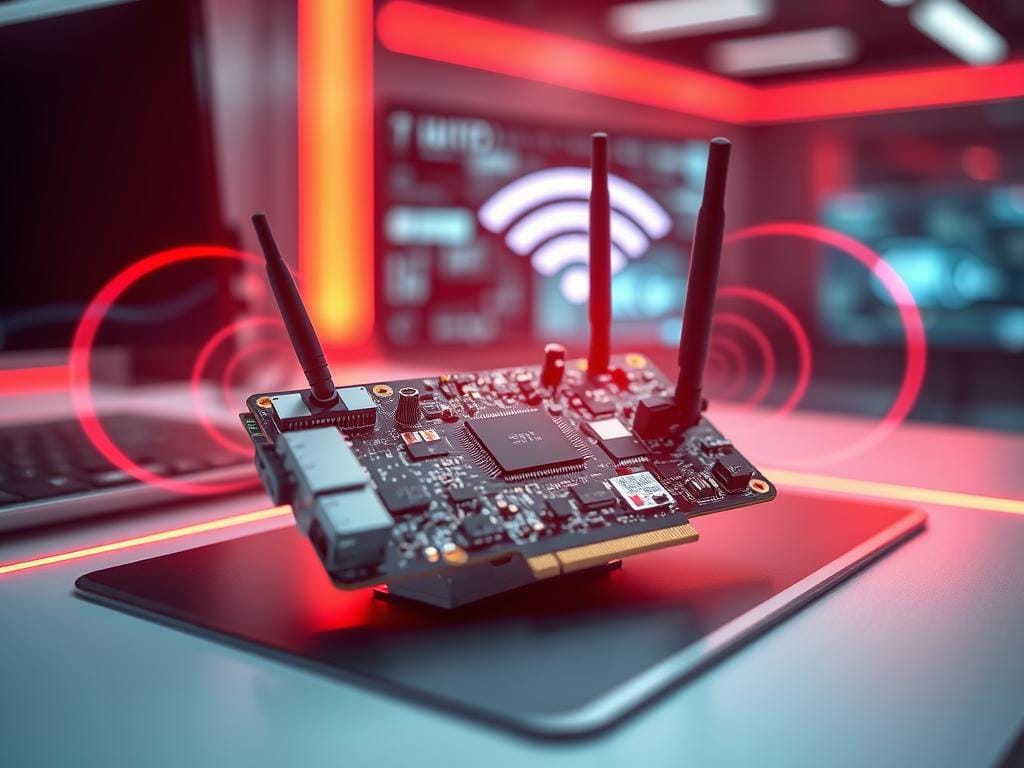 A sleek modern Wi-Fi card on a workstation with intricate circuits and antennas, surrounded by vibrant digital waves symbolizing futuristic wireless connectivity.