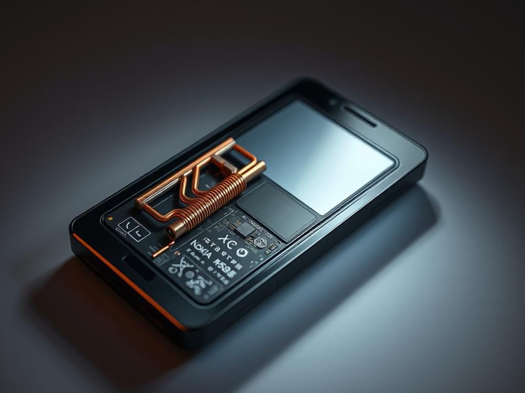 A close-up view of a futuristic Nokia X500 smartphone battery, its intricate inner workings exposed. Gleaming copper coils and precision-etched silicon circuitry are illuminated by a soft, diffused light, casting dramatic shadows that highlight the technological complexity. The battery's sleek, minimalist design evokes a sense of sophisticated engineering. The background is a muted, gradient-filled environment, allowing the battery to be the central focus, radiating a sense of power and innovation. The image conveys the advanced battery technology that powers the Nokia X500, a testament to the brand's commitment to mobile energy efficiency and performance.