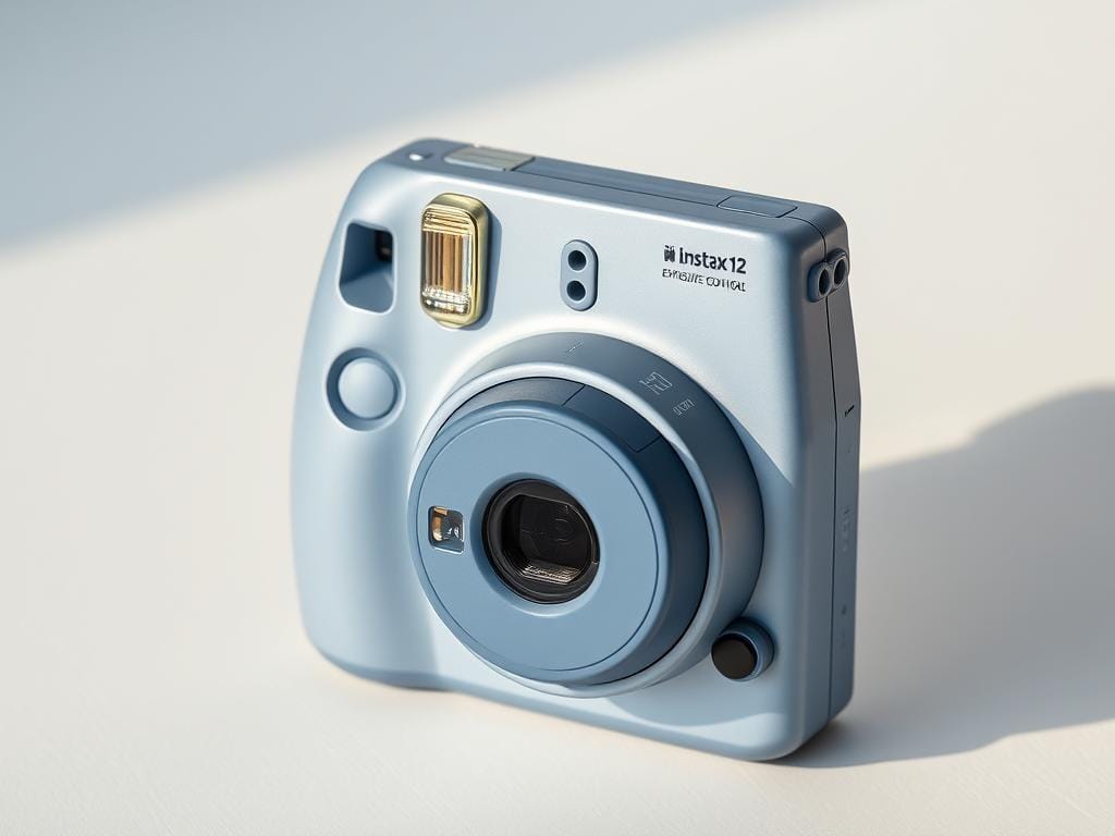 A close-up view of the Instax Mini 12 instant camera, showcasing its exposure control system. The camera is positioned on a minimalist, light-colored surface, allowing the details to take center stage. The frame captures the sleek, lightweight design with a focus on the manual exposure dial, prominently displayed on the camera's top plate. Soft, diffused lighting illuminates the camera's body, highlighting its textured materials and compact form factor. The scene conveys a sense of simplicity and user-friendly functionality, aligning with the "Automatic Exposure and Flash Control System" section of the article.