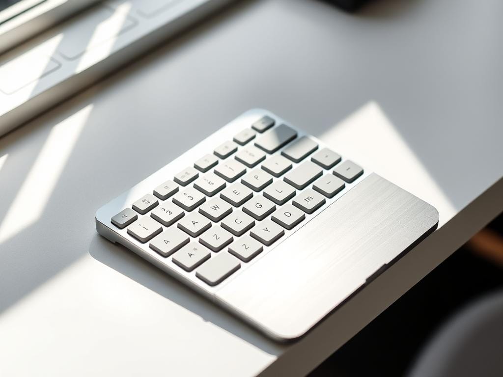 A compact, ergonomically designed keyboard rests on a minimalist desk, illuminated by soft, natural lighting. The keyboard features a split layout, gently curved to follow the natural contours of the user's hands. Sculptured keycaps provide tactile feedback, while the low-profile design encourages a neutral wrist position. Sleek, brushed aluminum accents lend a premium aesthetic, complementing the workspace's clean, modern aesthetic. The keyboard's compact size and wireless connectivity offer convenience and flexibility, enabling seamless integration into the versatile, on-the-go typing experience.