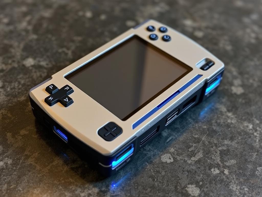 A custom-built PS2 portable device, meticulously crafted with precision. The sleek, compact body houses the iconic PlayStation 2 hardware, its buttons and ports seamlessly integrated into the design. The high-resolution display, embedded within the device, offers a captivating gaming experience. Carefully selected components ensure optimal performance, while the thoughtful ergonomics provide a comfortable grip. Soft, ambient lighting emanates from strategic locations, enhancing the overall aesthetic. The device rests upon a textured surface, hinting at its rugged yet refined nature. This custom PS2 portable modification embodies the spirit of portable gaming, blending the nostalgia of the PlayStation 2 with modern engineering and design.