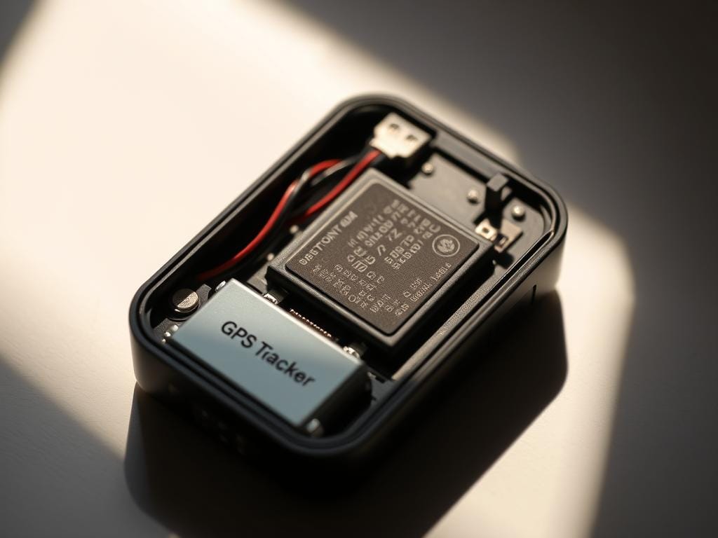 A detailed close-up view of a compact GPS tracker device, showcasing its internal battery compartment and power management components. The device is illuminated by soft, directional lighting, casting subtle shadows that accentuate the intricate circuitry and power supply connections. The image has a technical, yet elegant aesthetic, inviting the viewer to appreciate the engineering behind efficient power management in modern tracking technologies. The composition emphasizes the importance of battery life and power optimization for reliable, long-lasting performance of GPS tracking devices.