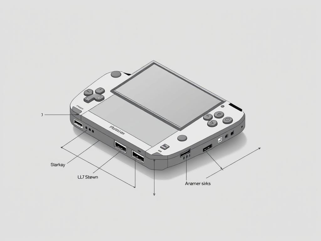 A detailed isometric illustration of a PlayStation 2 Portable gaming device, showcasing its technical specifications and design elements. The device is presented against a neutral gray background, allowing the engineering details to take center stage. The illustration features a sleek, minimalist aesthetic, with clean lines and precise dimensions highlighted. Key components such as the LCD display, analog sticks, buttons, and ports are clearly visible, providing a comprehensive visual reference for the hardware specifications. The lighting is soft and even, creating a professional, technical atmosphere suitable for an informative article about the PS2 Portable's capabilities.