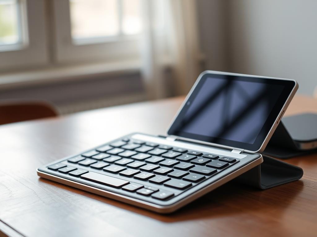 A foldable Bluetooth keyboard lies open on a wooden desk, backlit by soft, natural light filtering through a nearby window. The keyboard's sleek, minimalist design takes center stage, with brushed metal accents and a compact, portable form factor. Beside it, a tablet or smartphone is propped up, ready to receive the keyboard's input, seamlessly integrating the two devices for a productive, on-the-go workflow. The scene conveys a sense of effortless productivity, where technology enables focused work in a cozy, comfortable environment.