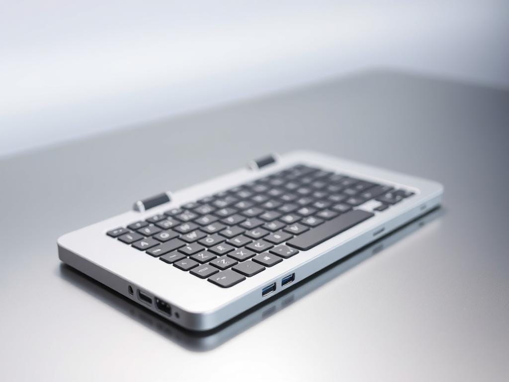 A foldable Bluetooth keyboard rests on a sleek, metallic surface, its keys gleaming under soft, directional lighting. The device is open and ready for use, showcasing its compact, portable design. The keyboard's silver and black color scheme exudes a modern, tech-savvy aesthetic. In the foreground, the connections and ports are visible, highlighting the various connectivity options available. The background features a minimalist, gradient-based environment, allowing the keyboard to be the focal point. The overall scene conveys a sense of efficiency, versatility, and the convenience of wireless typing on the go.