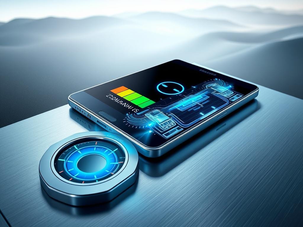 A gleaming Samsung Galaxy NxT Phablet resting on a sleek, metallic surface, its large display illuminated with vibrant battery life indicators. In the foreground, a close-up view showcases the device's advanced charging port, surrounded by a futuristic array of lightning bolt icons, conveying the power and efficiency of its charging capabilities. The middle ground features a stylized visualization of the phablet's battery performance, represented by a dynamic, pulsing energy field emanating from the device. The background is a minimalist, technology-inspired landscape, with subtle gradients and geometric patterns, creating a sense of sophistication and innovation. Soft, directional lighting casts dramatic shadows, highlighting the phablet's premium design and cutting-edge engineering.