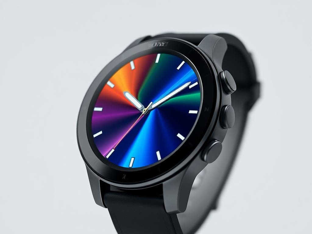 A high-resolution close-up view of the Sony SmartWatch 3's advanced display technology. The 1.6-inch Transflective LCD screen is showcased against a clean, minimalist background, highlighting its impressive clarity, vibrant colors, and seamless responsiveness. Precise lighting illuminates the display's intricate details, including the anti-reflective coating and the sleek, premium-grade glass cover. The angle is carefully chosen to showcase the display's wide viewing angles and exceptional outdoor visibility, essential for an active smartwatch lifestyle. The overall mood is one of technical excellence and visual sophistication, befitting the advanced display capabilities of the Sony SmartWatch 3.