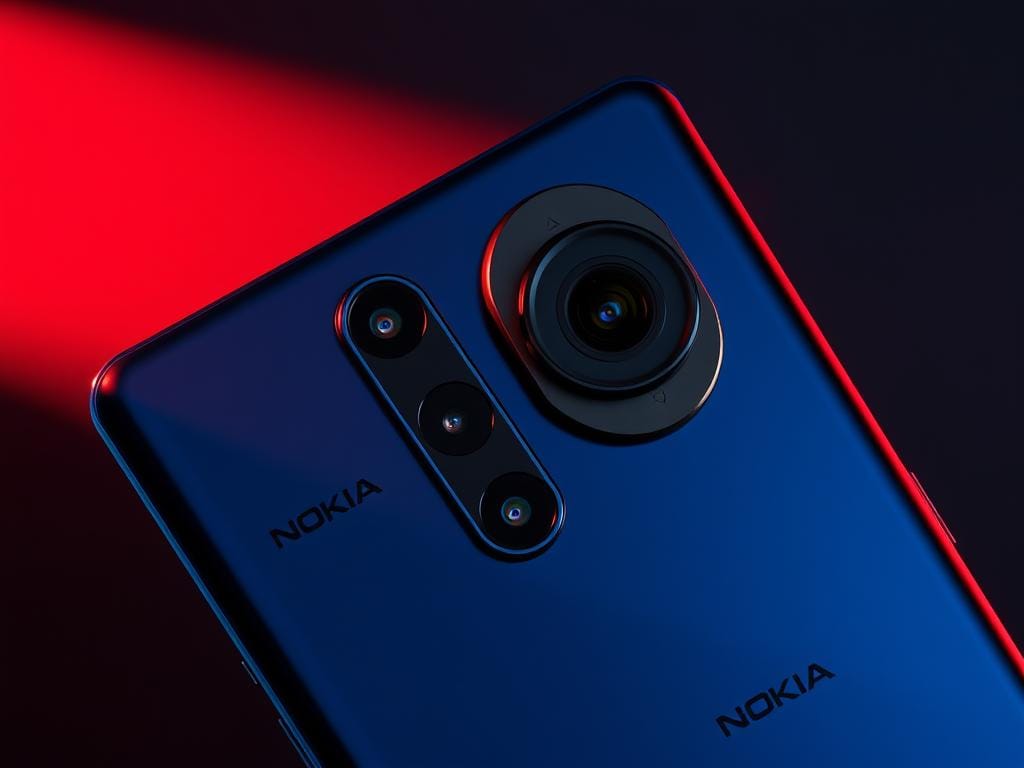 A high-tech, sleek, and advanced Nokia X500 smartphone with a versatile camera system. The device features a premium metal and glass construction, with a striking midnight blue color scheme. The camera module dominates the rear, showcasing a large, multi-lens assembly with a sophisticated, geometric design. Precision-engineered optics, including a large primary sensor, telephoto, and ultra-wide lenses, are arranged in an elegant, symmetrical pattern. Vibrant lighting illuminates the camera, casting dynamic shadows and highlighting the intricate textures. The scene conveys a sense of cutting-edge technology and innovative imaging capabilities.