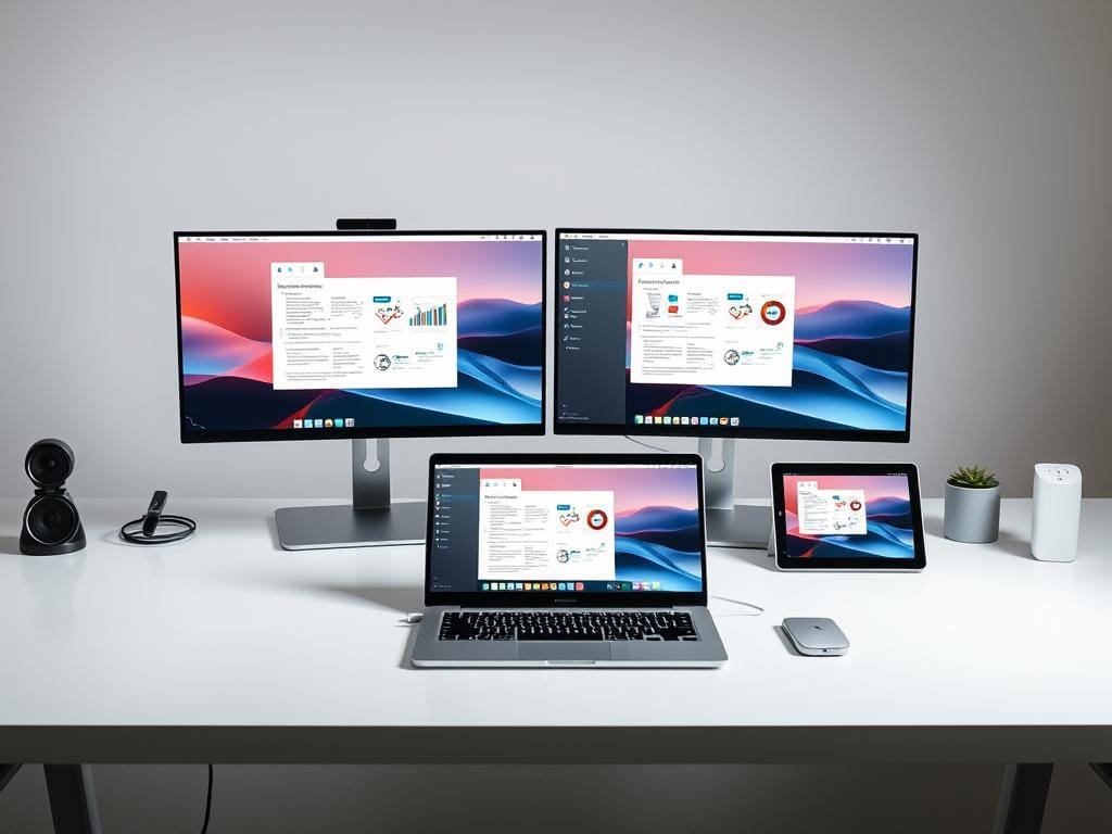 A meticulously crafted Gemini device workspace, showcasing seamless app continuity and advanced multitasking features. The scene depicts a clean, minimalist desk setup with dual high-resolution displays, a cutting-edge laptop, and a sleek tablet. Soft, diffused lighting creates a professional, productive ambiance. The layout emphasizes efficient workflow, with intuitive UI elements and subtle visual cues guiding the user's attention. The overall composition conveys a sense of technological sophistication, innovation, and a refined user experience tailored for modern, tech-savvy individuals.