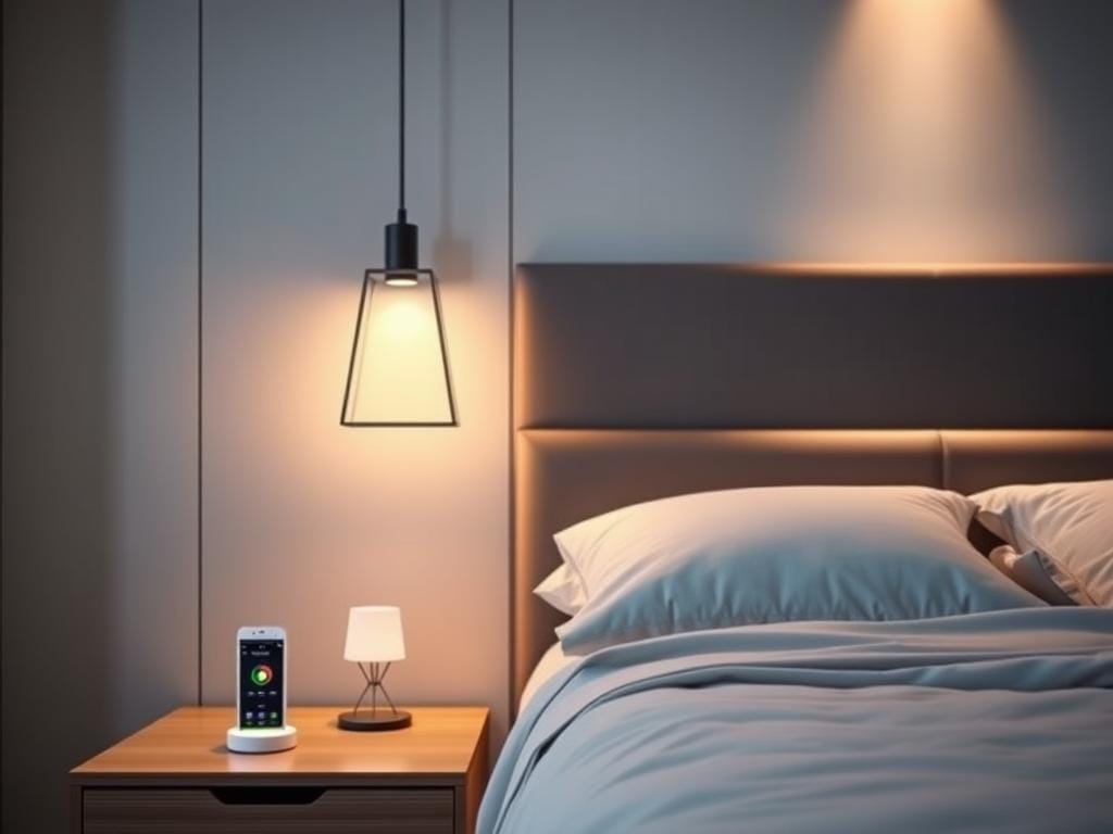 A modern bedroom with a sleek, minimalist design. In the foreground, a bedside table features a smart lighting system with adjustable color temperatures and brightness levels, controlled by a voice assistant or smartphone app. The mid-ground showcases a minimalist pendant light fixture with a warm, diffused glow, complementing the ambient lighting. In the background, recessed wall-mounted lights create a soft, even illumination, enhancing the cozy atmosphere. The overall lighting setup is energy-efficient, customizable, and seamlessly integrated into the room's decor, creating a tranquil and relaxing environment.