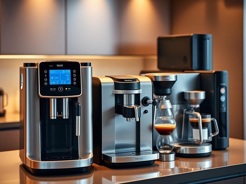 A modern, sleek kitchen countertop filled with a collection of state-of-the-art coffee makers and beverage systems. In the foreground, a high-end, programmable drip coffee machine with a stainless steel finish and a large backlit LCD display. Next to it, a compact, WiFi-enabled espresso machine with a sleek, minimalist design. In the middle ground, a advanced pour-over coffee brewer with precise temperature and flow controls. In the background, a multi-function, voice-activated beverage center that can brew coffee, tea, and other hot drinks. The entire scene is bathed in warm, soft lighting that enhances the premium, high-tech aesthetic. The overall mood is one of streamlined efficiency and culinary sophistication.