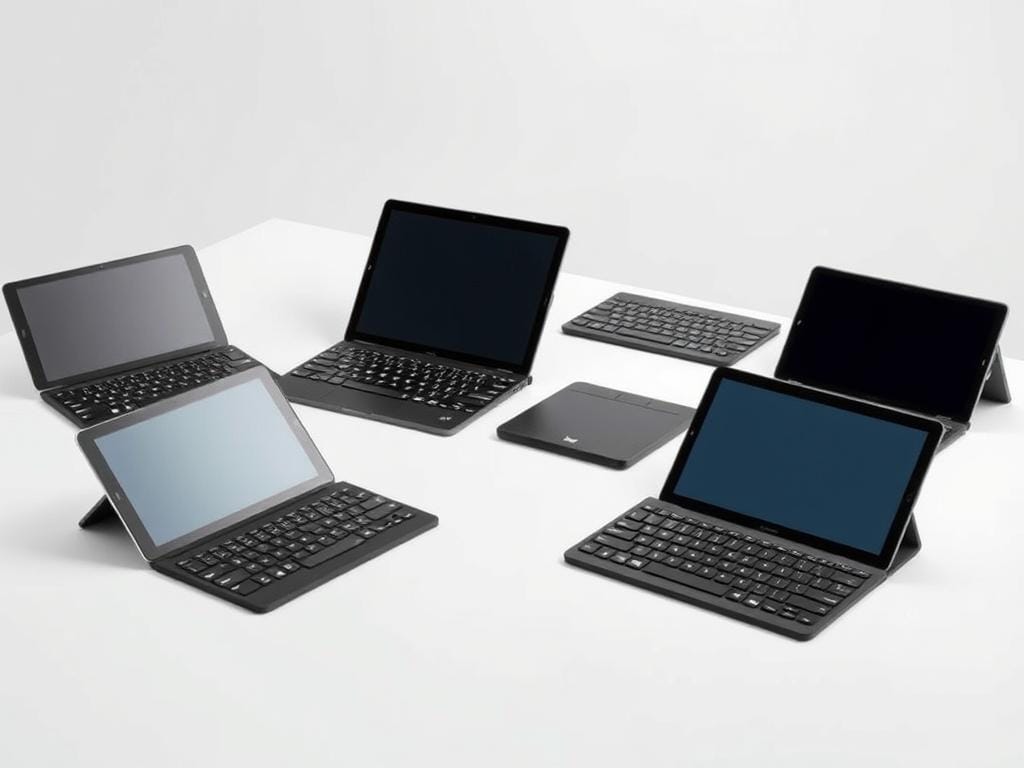 A neatly organized table showcasing a comparison of portable tablet keyboards, meticulously captured in a crisp, well-lit studio setting. The keyboards are displayed against a minimalist white backdrop, allowing their compact, sleek designs to take center stage. The image is shot from a slightly elevated angle, providing a clear, unobstructed view of the keyboards' features and form factors. Subtle shadows enhance the depth and dimensionality, while the even lighting ensures a professional, high-quality presentation. The overall mood is one of polished simplicity, emphasizing the compact, portable nature of these versatile typing solutions for tablet users.