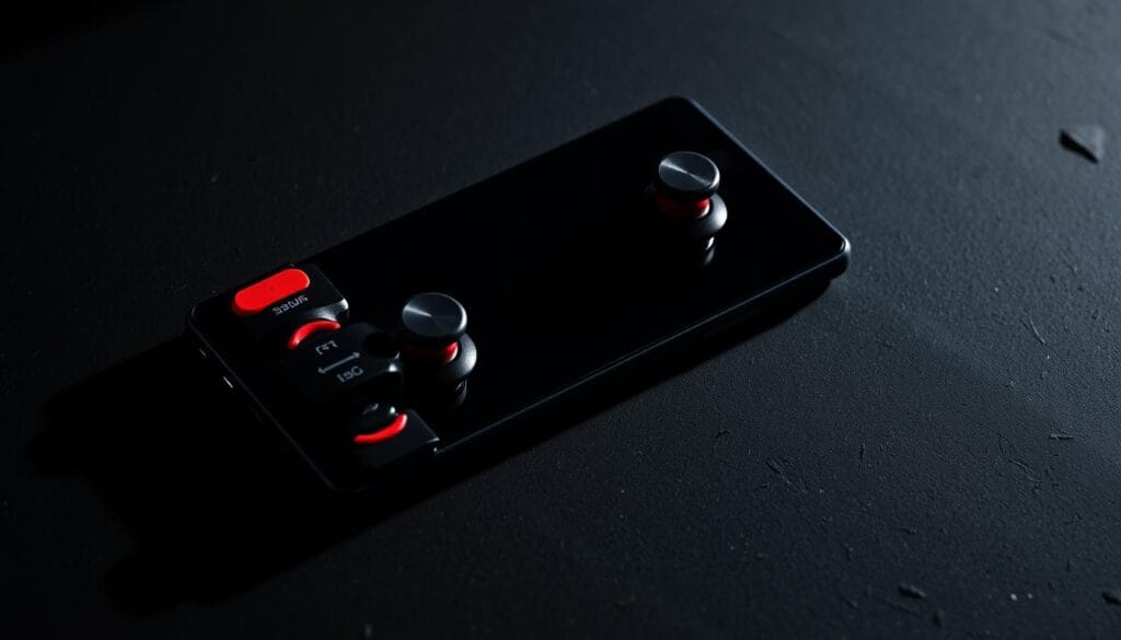 A sleek and modern ASUS ROG Phone 3 lies on a dark, textured surface, its AirTrigger 3 gaming controls prominently displayed. The phone's angular design and bold red accents create a sense of power and performance. Dramatic lighting casts dramatic shadows, emphasizing the phone's tactile buttons and triggers. The frame is tightly composed, focusing the viewer's attention on the phone's advanced gaming controls. The overall atmosphere is one of high-tech sophistication, hinting at the phone's potential for immersive mobile gaming experiences.