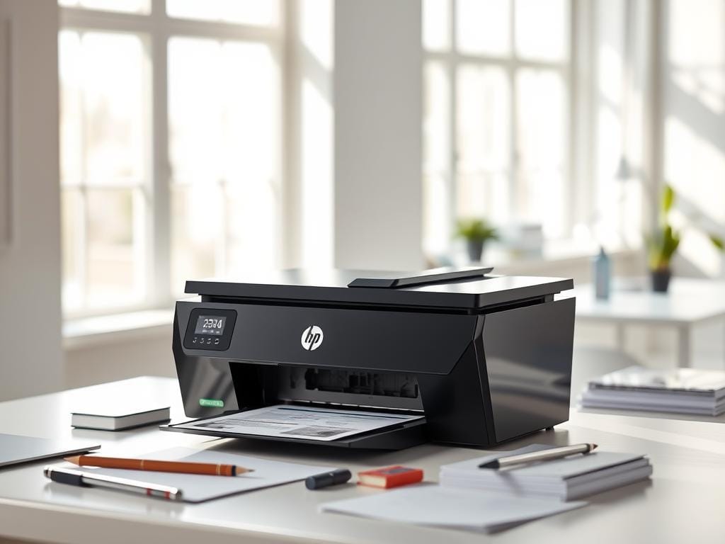 A sleek and modern HP OfficeJet 250 cordless printer sits on a minimalist desk, bathed in soft natural light filtering through large windows. The printer's glossy black chassis and angular design elements are highlighted by dramatic side lighting, creating dynamic shadows that accentuate its portable and compact form factor. In the foreground, various office supplies and documents suggest the printer's versatility as an all-in-one solution, while the background features a clean, airy workspace with subtle hints of greenery, adding a sense of tranquility and productivity. The overall scene conveys the HP OfficeJet 250's high-quality, efficient, and wireless functionality within a stylish and professional setting.