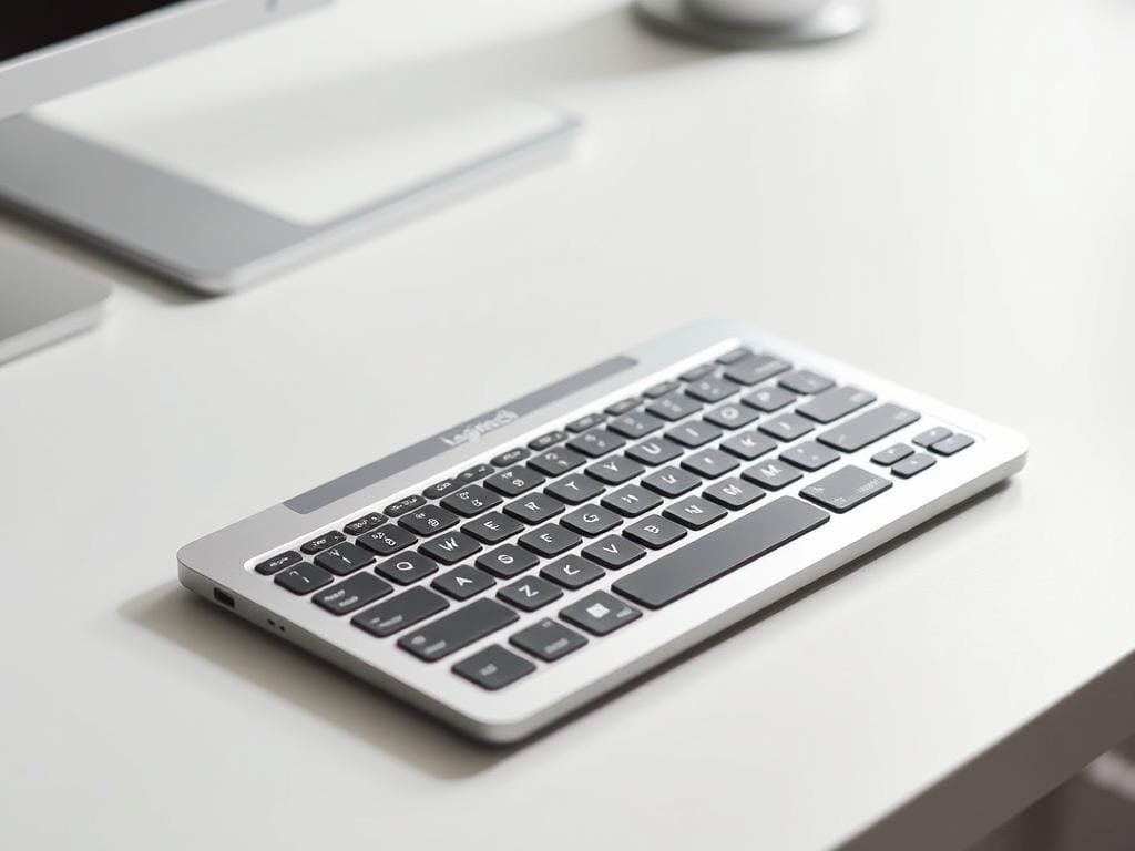 A sleek and modern Logitech MX Keys Mini Portable Keyboard rests on a minimalist white desk, its brushed aluminum body gleaming under soft, directional lighting. The keyboard's low-profile design and compact size are highlighted, hinting at its portability and convenience. The scene is captured from a slightly elevated angle, showcasing the keyboard's elegant silhouette and ergonomic layout of its laptop-like chiclet keys. The background is pleasantly blurred, keeping the focus on the premium, sophisticated aesthetic of this portable keyboard solution.
