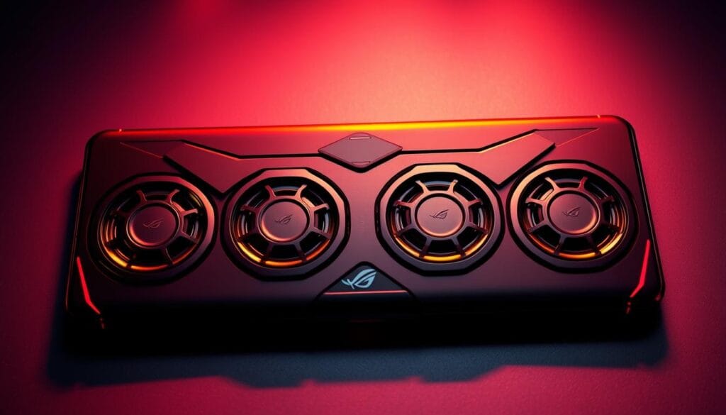 A sleek and modern ROG Phone with four powerful speakers arranged in a symmetric layout, casting an aura of bold gaming aesthetics. The speakers are precisely detailed, showcasing sharp grilles and intricate textures that exude premium quality. The phone is captured from a dynamic high-angle perspective, bathed in warm, directional lighting that highlights the device's sharp contours and premium finish. The overall atmosphere evokes a sense of an immersive, high-performance audio experience tailored for intense mobile gaming sessions.
