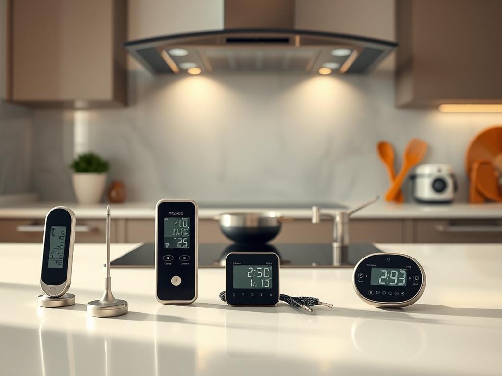 A sleek and modern kitchen counter, illuminated by soft, natural lighting. In the foreground, several smart temperature control devices neatly arranged - a precision digital thermometer, a WiFi-connected smart oven probe, and a touchscreen kitchen timer. The middle ground features a high-tech induction cooktop, its surface gleaming and reflecting the surrounding appliances. In the background, a minimalist, chrome-accented range hood hovers above, adding a touch of sophistication. The overall atmosphere conveys a sense of efficiency, control, and the integration of cutting-edge technology into the heart of the home kitchen.