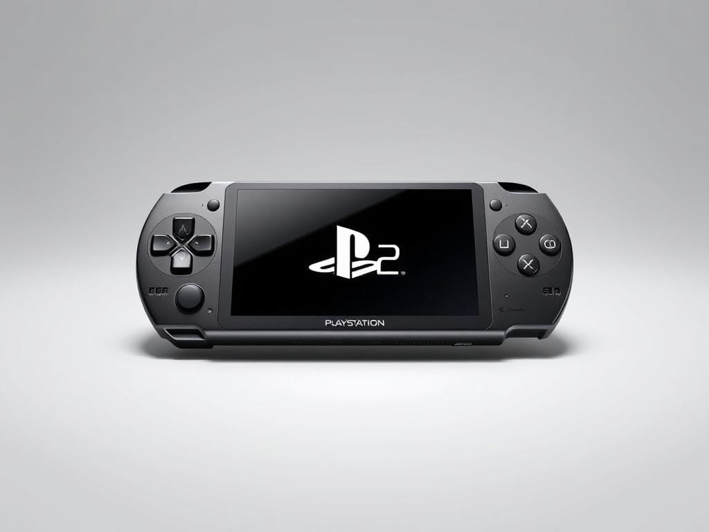 A sleek and modern portable gaming device, with a large high-resolution display and intuitive controls. The device is showcased against a minimalist background, highlighting its streamlined design and advanced capabilities. Soft, directional lighting accentuates the device's smooth surfaces and premium materials, creating a sense of sophistication and technological prowess. The middle ground features a subtle visualization of the PS2 logo, hinting at the device's impressive backwards compatibility and ability to seamlessly play classic PlayStation 2 titles. The overall composition conveys a sense of portable gaming elevated to a new level of performance and convenience.