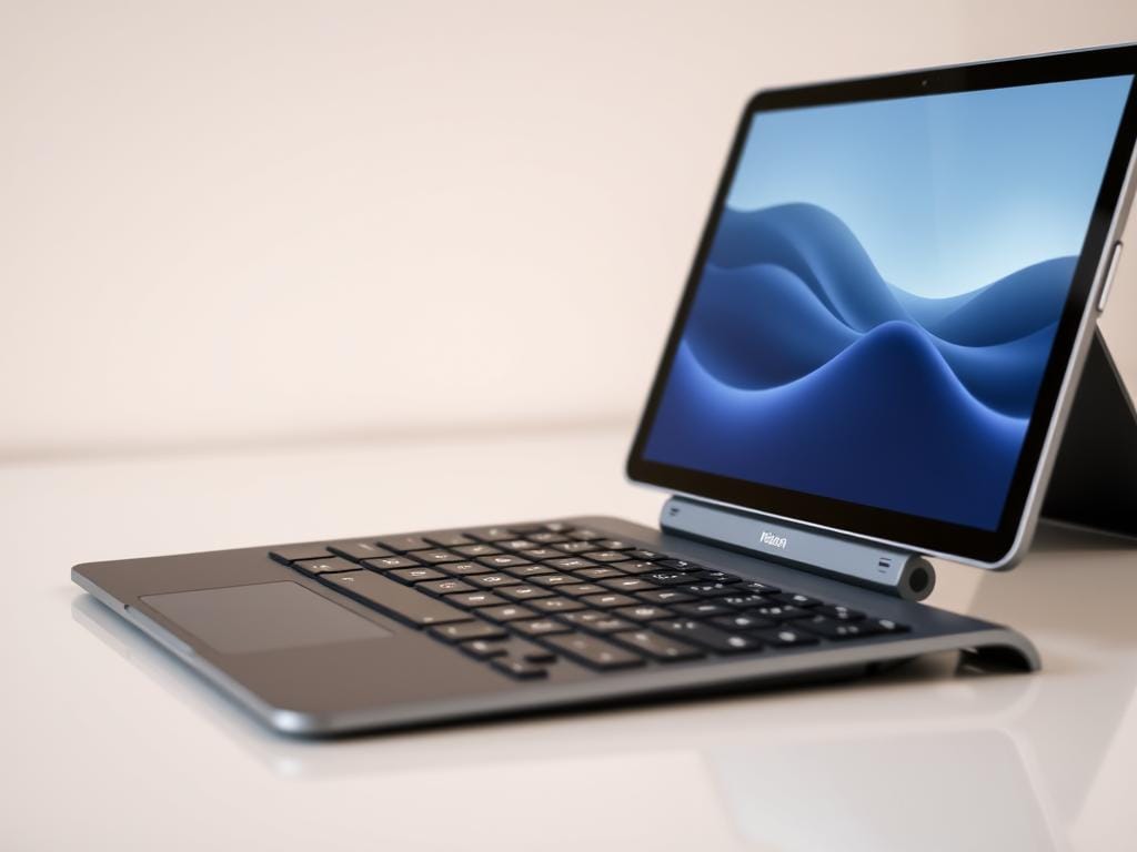 A sleek and modern wireless tablet keyboard rests on a minimalist desk, its keys illuminated by soft, diffused lighting. The keyboard elegantly connects to a nearby tablet, its screen displaying a seamless interface, highlighting the effortless wireless connectivity. In the background, a clean, neutral-toned wall creates a sense of simplicity and focus, emphasizing the device's portability and versatility. The composition is captured from a slightly elevated angle, conveying a sense of sophistication and attention to detail. The overall mood is one of efficiency, technology, and a streamlined, mobile-first approach to productivity.