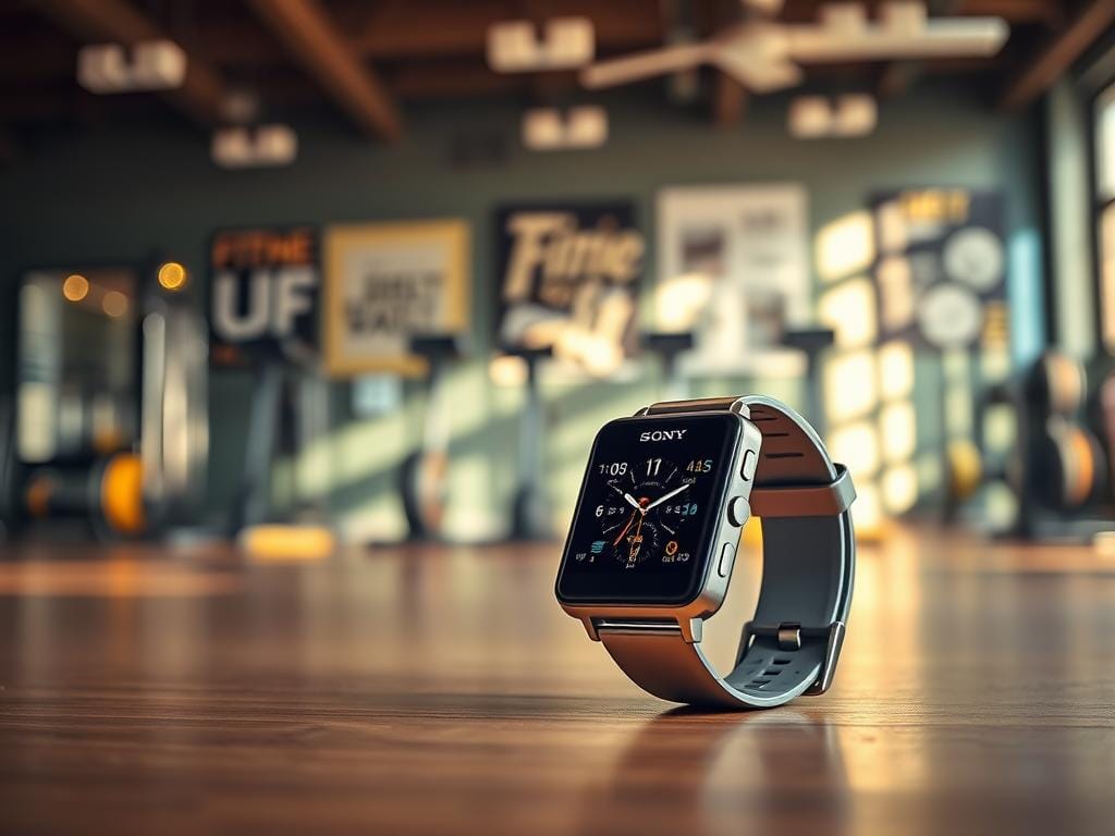 A sleek and stylish Sony SmartWatch 3 fitness tracker sits prominently in the foreground, its metal casing gleaming under warm, natural lighting. The device's display showcases vibrant fitness data and activity metrics, while its band hugs the wrist comfortably. In the middle ground, a serene gym environment comes into focus, with exercise equipment and motivational wall decor adding to the health-conscious atmosphere. The background gently blurs, emphasizing the SmartWatch 3's central role as a comprehensive fitness and health companion. The scene conveys a sense of wellness, technology, and the seamless integration of the smartwatch into an active lifestyle.