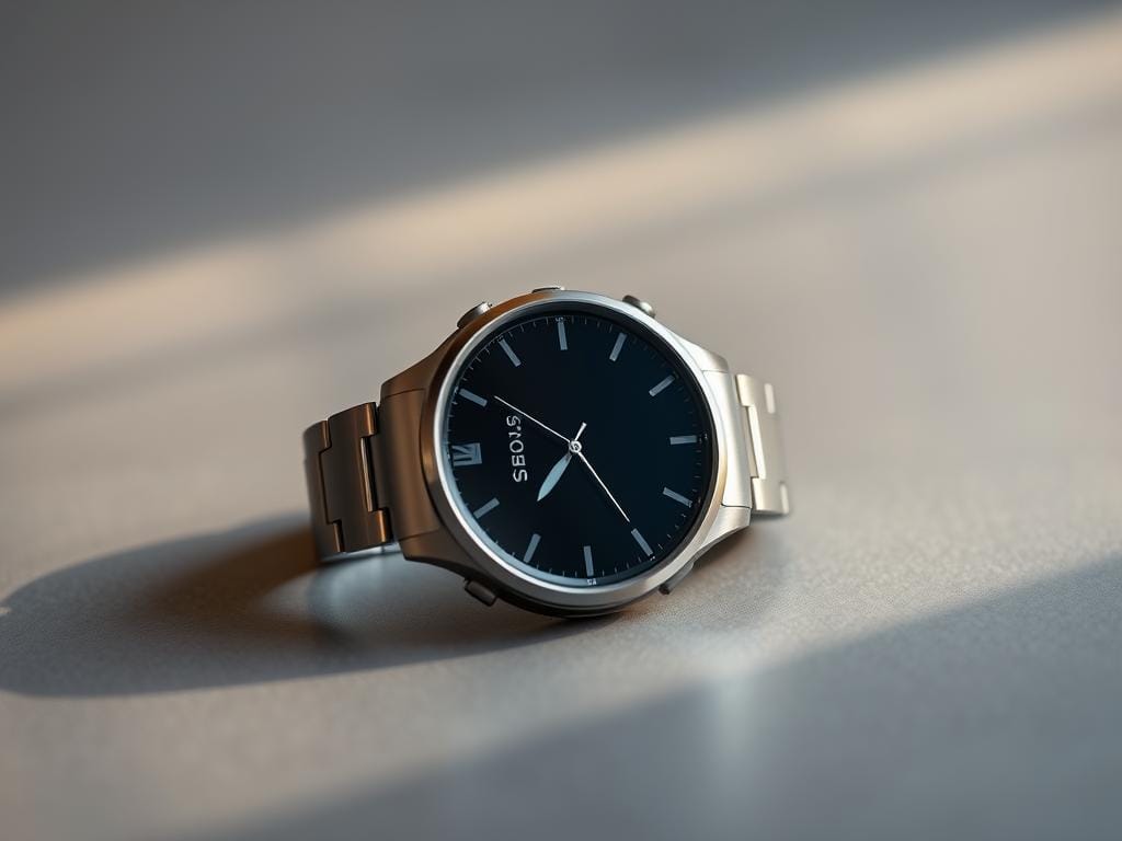A sleek and stylish Sony SmartWatch 3 resting on a minimalist, grey surface. The watch face is displayed in a three-quarter view, showcasing its modern, curved design and high-quality materials. Warm, natural lighting from the side creates a soft, elegant atmosphere, highlighting the watch's polished stainless steel casing and subtle, sophisticated details. The background is blurred, allowing the smartwatch to take center stage and showcase its exceptional build quality and premium aesthetic.