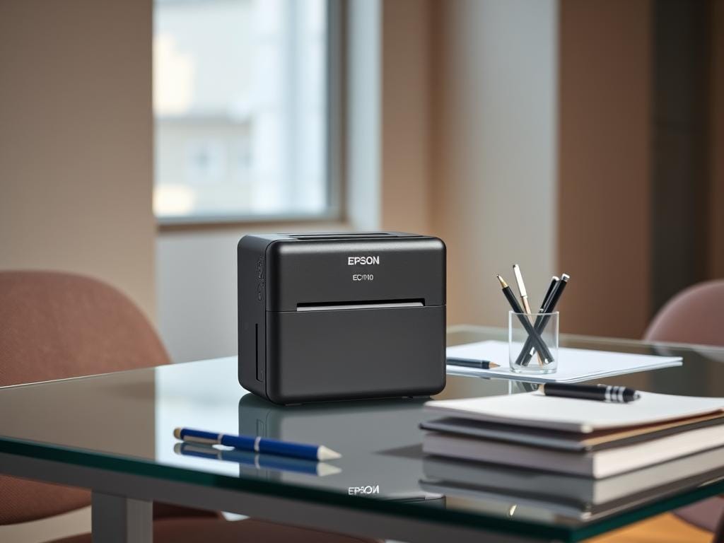 A sleek, business-ready Epson WorkForce EC-C110 portable printer set against a minimalist office backdrop. Backlit with soft, natural lighting that casts a warm glow, highlighting the printer's clean lines and compact design. The device sits atop a modern, glass-topped desk, surrounded by neatly organized work materials - a laptop, a pen holder, and a stack of documents. The overall scene conveys a sense of efficiency, professionalism, and the ability to get work done on the go.